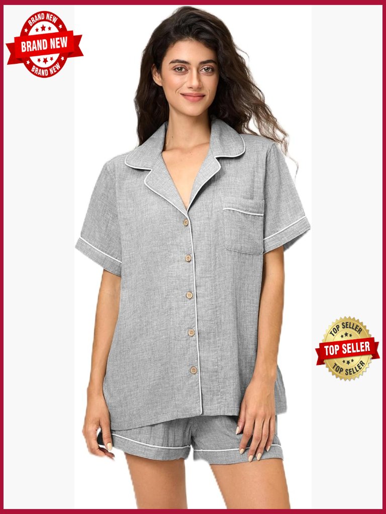 Women's 2 Piece Cotton Muslin Pajama Set Soft Sleepwear Lounge Set With Pockets